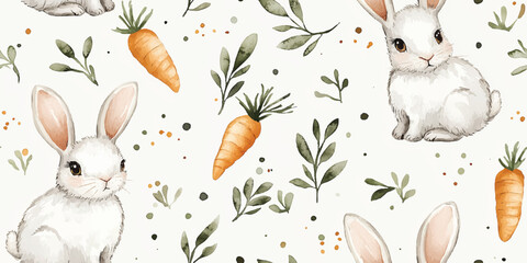 Happy Easter. Vector seamless patterns with rabbits, and carrot plants. Vector designs, seamless festival spring pattern