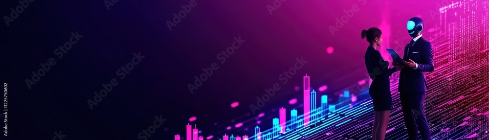 Poster a futuristic scene depicting two business professionals interacting against a vibrant digital backdr