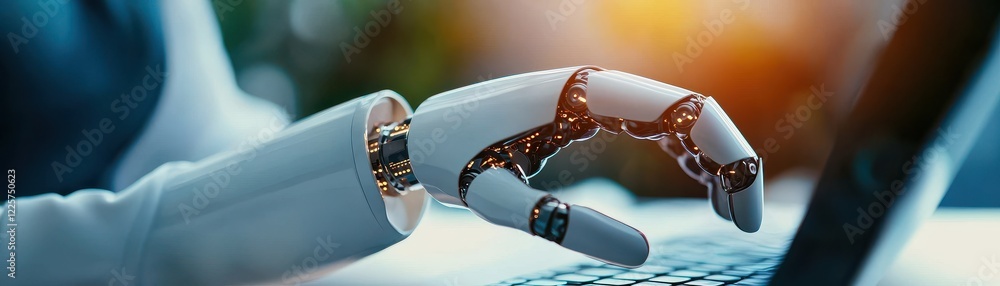 Poster a close-up of a robotic hand poised over a keyboard, symbolizing the intersection of technology and 