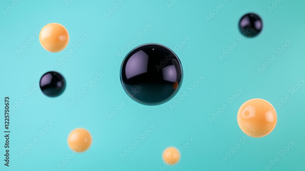 Poster abstract image of black and beige spheres floating against a teal background. the spheres are glossy