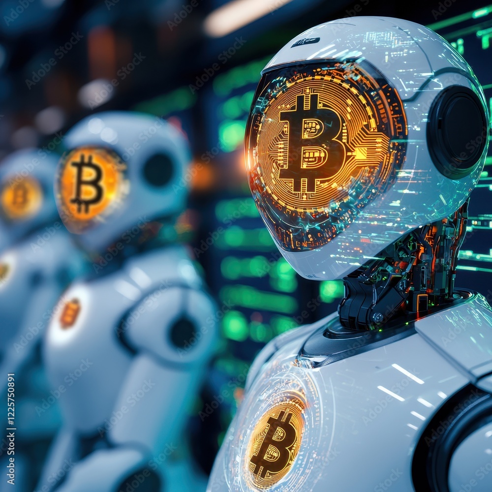 Poster a futuristic scene featuring robots with bitcoin logos as heads, symbolizing the intersection of tec