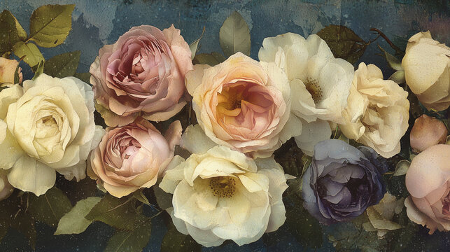 Vintage Roses: A Romantic Floral Still Life.  Elegant pastel-colored blooms in a soft, delicate bouquet.  Perfect for home decor and artistic inspiration.