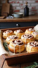 Naklejka premium A batch of keto cinnamon rolls with a sugar-free cream cheese glaze, arranged on a baking tray with a cozy kitchen setting