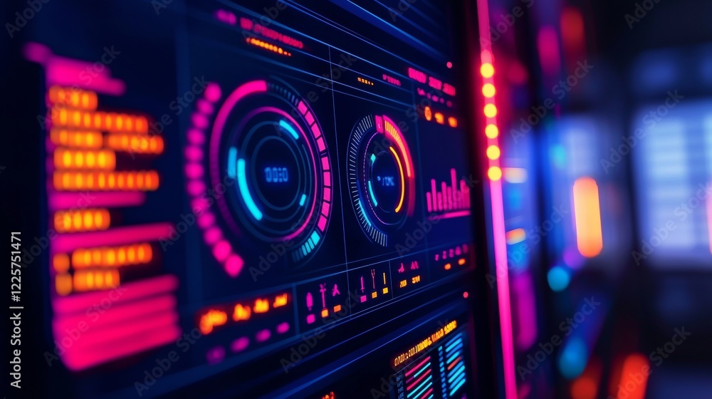 Poster futuristic digital interface with neon lights and data streams