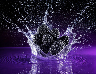 Fresh blackberries splash into clear water creating ripples and droplets on a dark background
