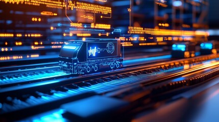 Naklejka premium Futuristic Digital Delivery Truck on Glowing Track with Vibrant Blue and Orange Lights