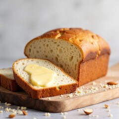 A loaf of golden-brown keto bread made from almond flour, sliced and placed on a cutting board with butter spread nearby