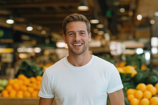 Young man smiles in fresh produce market filled with fruits and vegetables