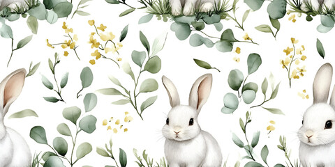 Happy Easter. Vector seamless patterns with rabbits, and plants. Vector designs, seamless festival spring pattern