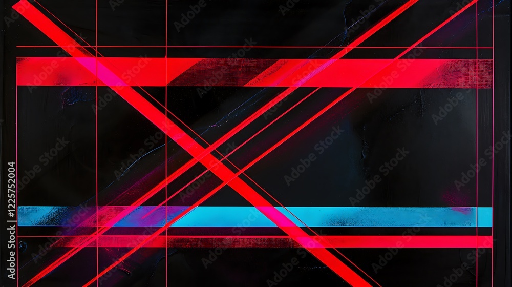 Poster a bold geometric composition with neon red and cyan lines intersecting on a textured black backgroun