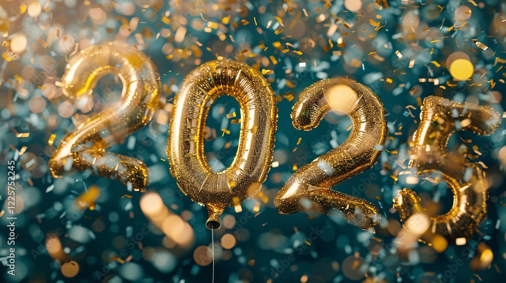 Poster festive golden balloons creating the number 2025, with cascading confetti to ring in the new year