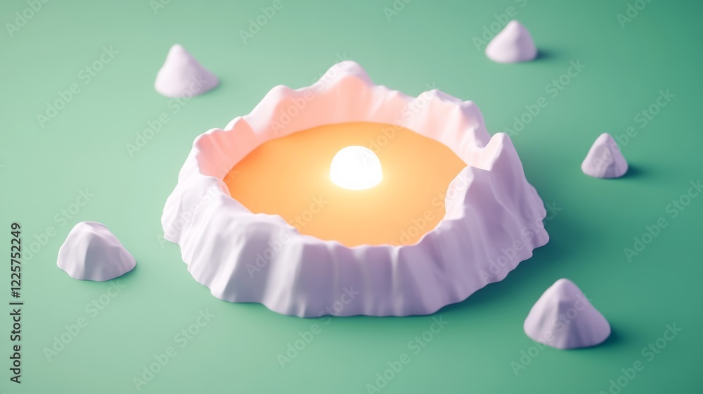 Aufkleber abstract 3d render of a glowing orb nestled within a crater like formation of soft, white peaks agai