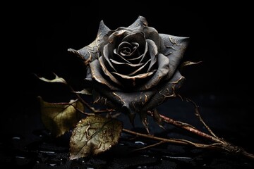 Funeral Mourning: Dead Rose on Black Background with Gothic Dry Flower and Leaves