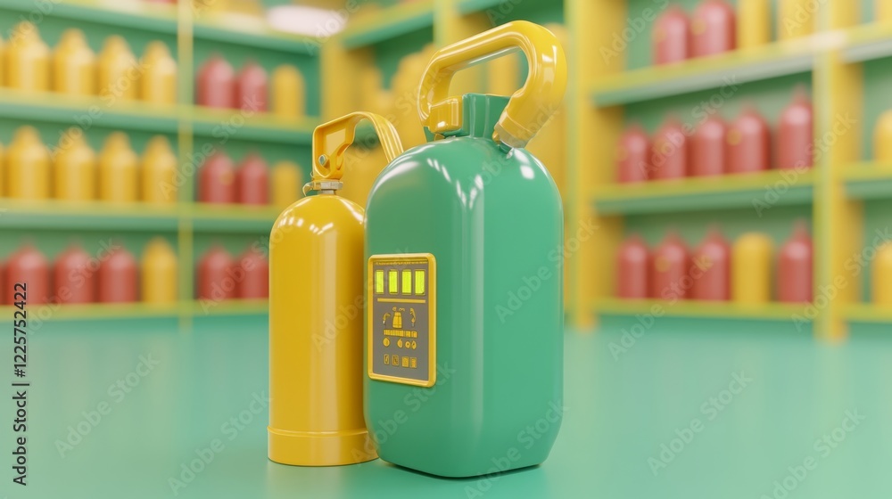 Poster two containers, one green and one yellow, sit on a teal surface against a backdrop of shelves filled