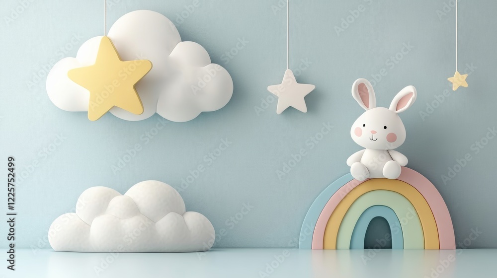 Poster playing joyfully with a soft cloud while sitting on a delicate rainbow surrounded by whimsical stars