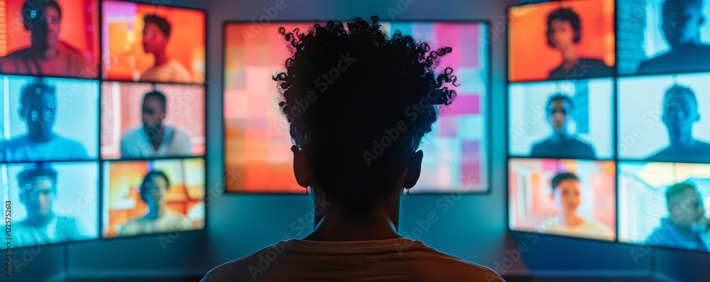 Poster Security guard is monitoring a wall of security camera feeds showing people's faces in a high-tech security room