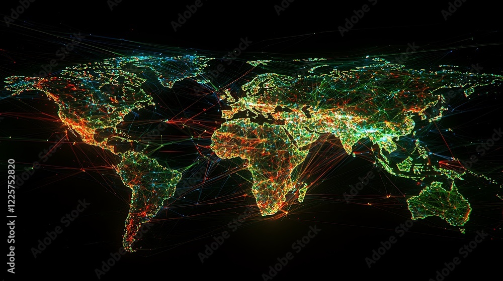 Poster glowing global communication network visualizing worldwide data flow