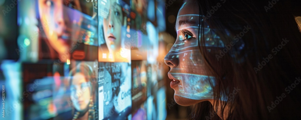 Poster young lady gazes at a digital screen as images and data are reflected on her face