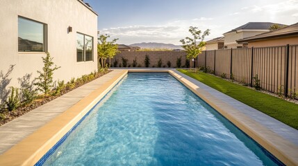 Fototapeta premium A rectangular new swimming pool with tan concrete edges in the fenced backyard of a new construction house