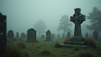 Embrace a moody, historical atmosphere in this scene of a Celtic Cross, enveloped in soft gray light and gentle mist, evoking the haunting allure of Ireland's past on St. Patrick's Day.