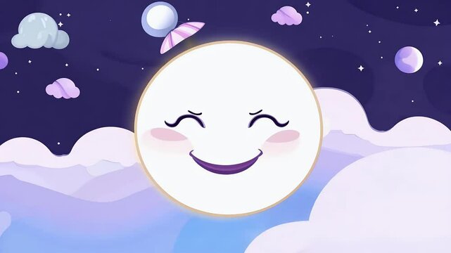 whimsical animation of a smiling and sleepy moon wearing a nightcap cartoon floating over fluffy clouds in a serene nighttime scene