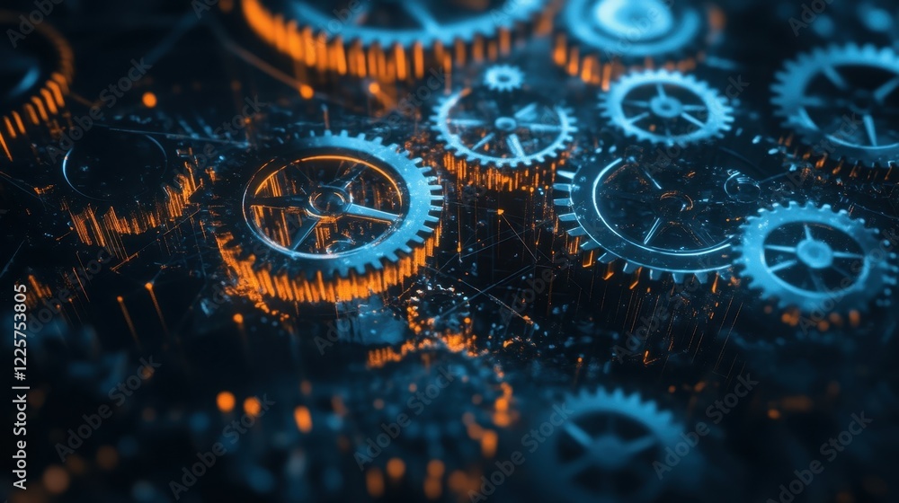 Poster complex network of interlocking gears rotating smoothly, illuminated by dynamic orange and blue ligh