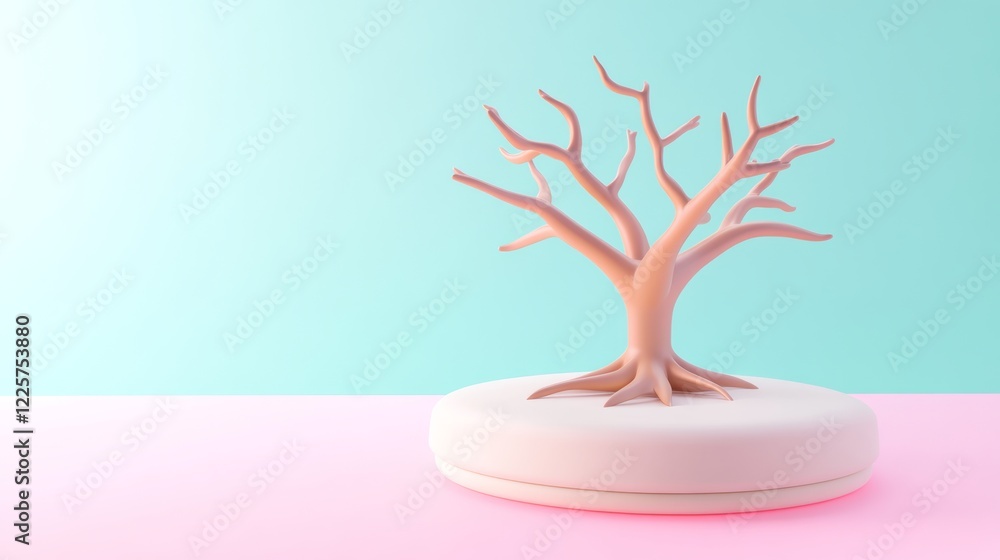 Poster pastel pink and mint green background features a minimalist 3d rendered bare tree on a white platfor