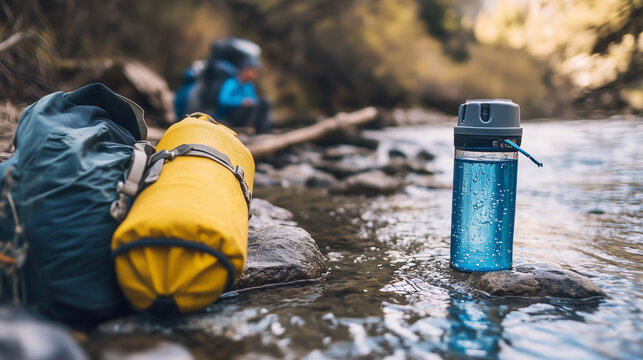 Photo of a portable water filter being used to purify water in nature.