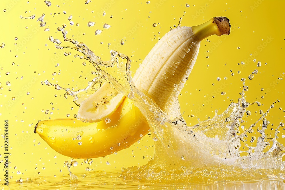 Poster two bananas being splashed with water on a yellow background