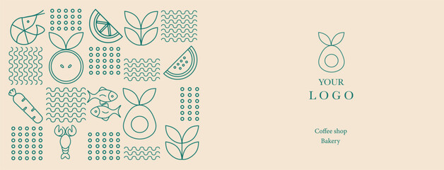 Hand drawn illustration. Organic fruit, vegetable, fish, seafood, coffee and bakery geometric pattern. Abstract geometric line background. Gold luxury  Healthy Food pattern. Web banner.