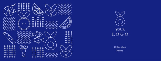  Hand drawn illustration. Organic fruit, vegetable, fish, seafood, coffee and bakery geometric pattern. Abstract geometric line background. Gold luxury  Healthy Food pattern. Web banner.