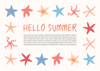 Vector illustration  - summer background with hand-lettering text hello summer. sea shells and starfish