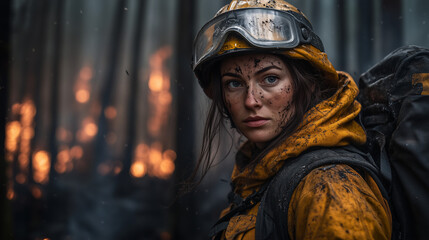 Fototapeta premium Female Wildland Firefighter Battling a Forest Blaze
