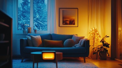 A modern electric heater in a cozy living room with warm lighting, a blue sofa, and stylish interior design elements for a comfortable winter setting.