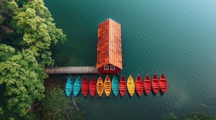 Aerial view of colorful canoes, red boathouse on a tranquil lake, vibrant boats docked on calm water, serene outdoor setting, scenic lake with lush green trees, peaceful and picturesque scene

