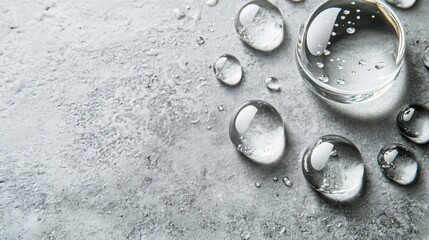 Water drops of transparent gel serum on gray background