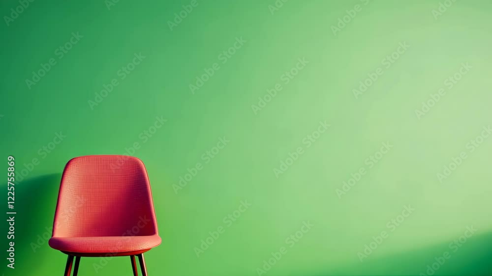Poster retro futuristic scene with green screen backdrop and red chair in minimalist setting for modern des