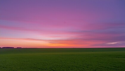 보랏빛 저녁 하늘과 초록 들판