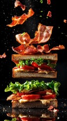 Delicious toasted sandwich stacked high with fresh vegetables and crispy bacon in a vibrant arrangement levitating