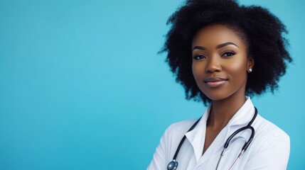 African-American black doctor woman over blue background