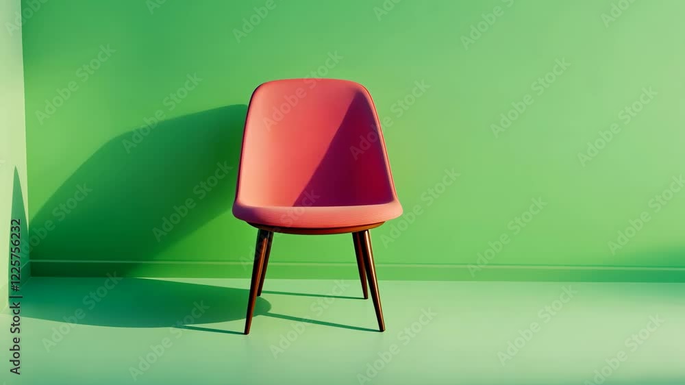 Poster Retro Futuristic Scene with Green Screen Backdrop and Red Chair in Minimalist Setting for Modern Design Concepts