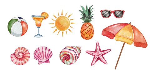 Watercolor summer vacation set with shells and leisure objects 