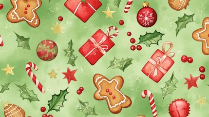 ChristmasPattern with red and green watercolor hand drawn elements Gingerbread Christmas candy holly berries and stars on green background for printing
