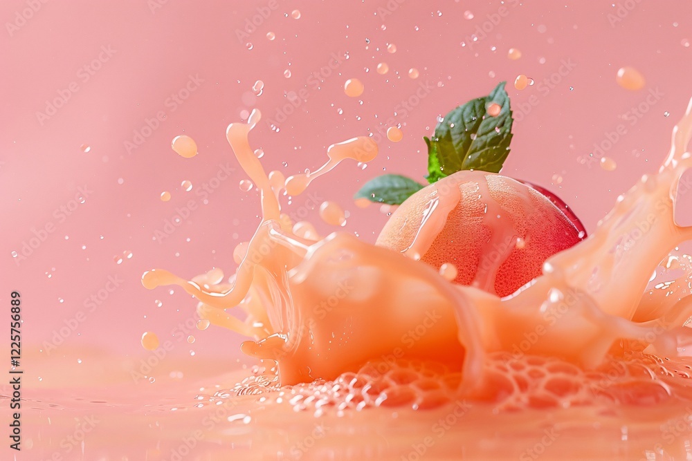 Aufkleber peach juice splashing with ripe peach and mint leaf on a pink backdrop