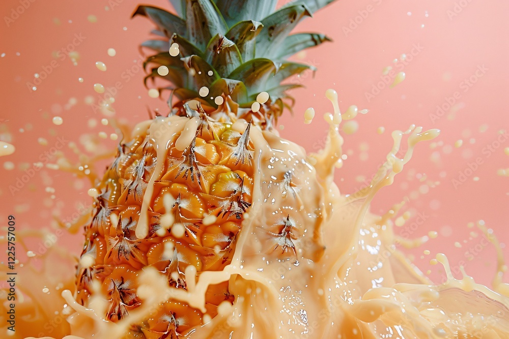 Aufkleber ripe pineapple being splashed with pineapple juice on a pink background