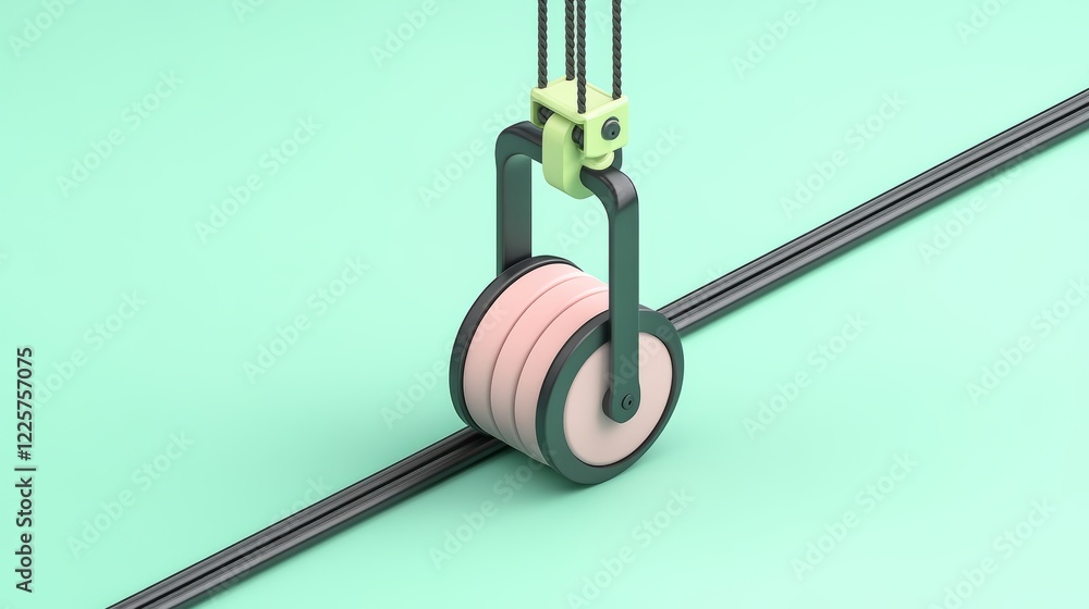 Poster low poly 3d render of a pastel pink and peach roller moving along dark gray parallel lines on a mint