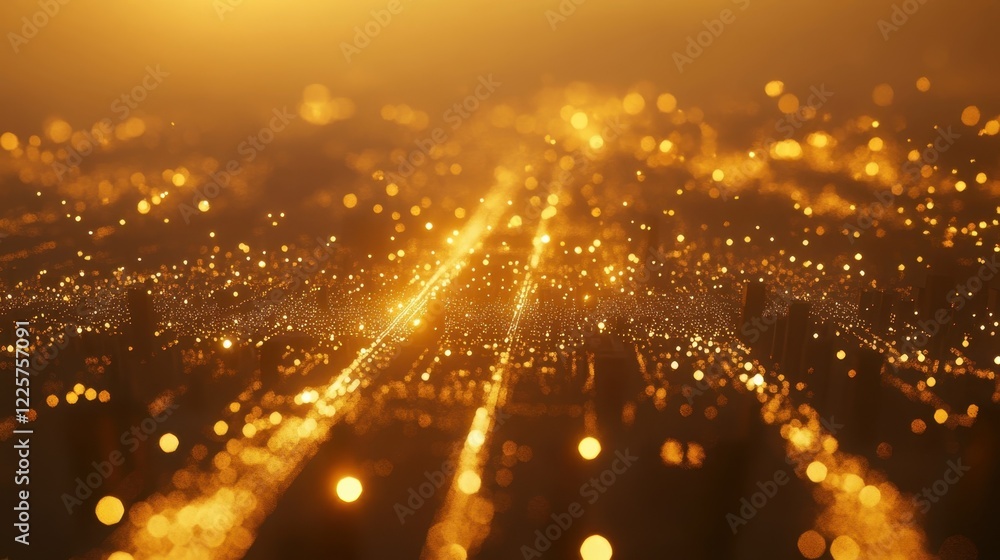 Poster golden particles are flowing towards a bright light, creating an abstract, futuristic background wit