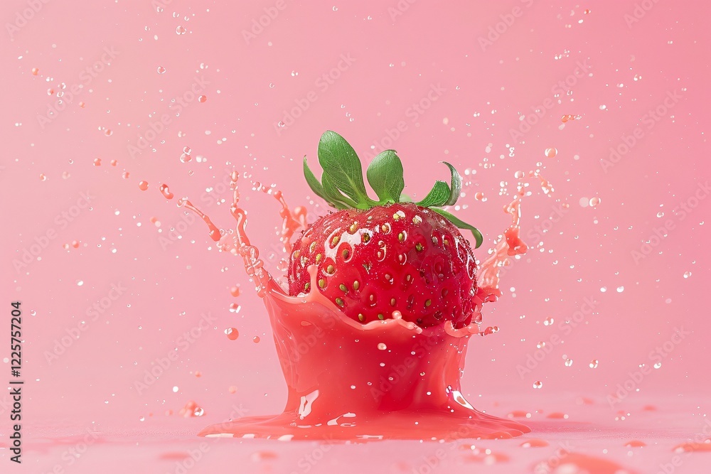 Poster Fresh ripe strawberry is splashing into pink liquid creating a crown splash