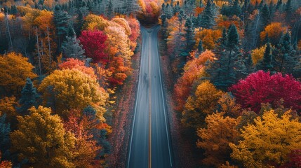 Scenic road through autumn forest, vibrant fall foliage with red, orange, and yellow trees, aerial view of peaceful countryside, seasonal nature colors, serene outdoor journey


