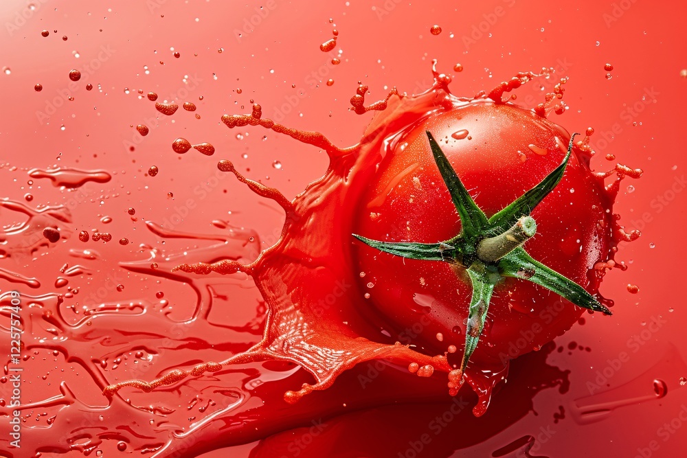Aufkleber single ripe red tomato splashes into thick red liquid, creating a big splash against a red backdrop